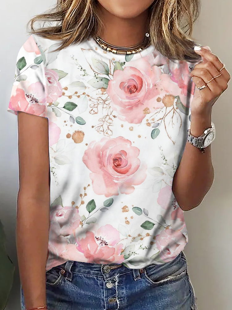 Women's Rose Print Crew Neck Floral Casual T-Shirt cc206