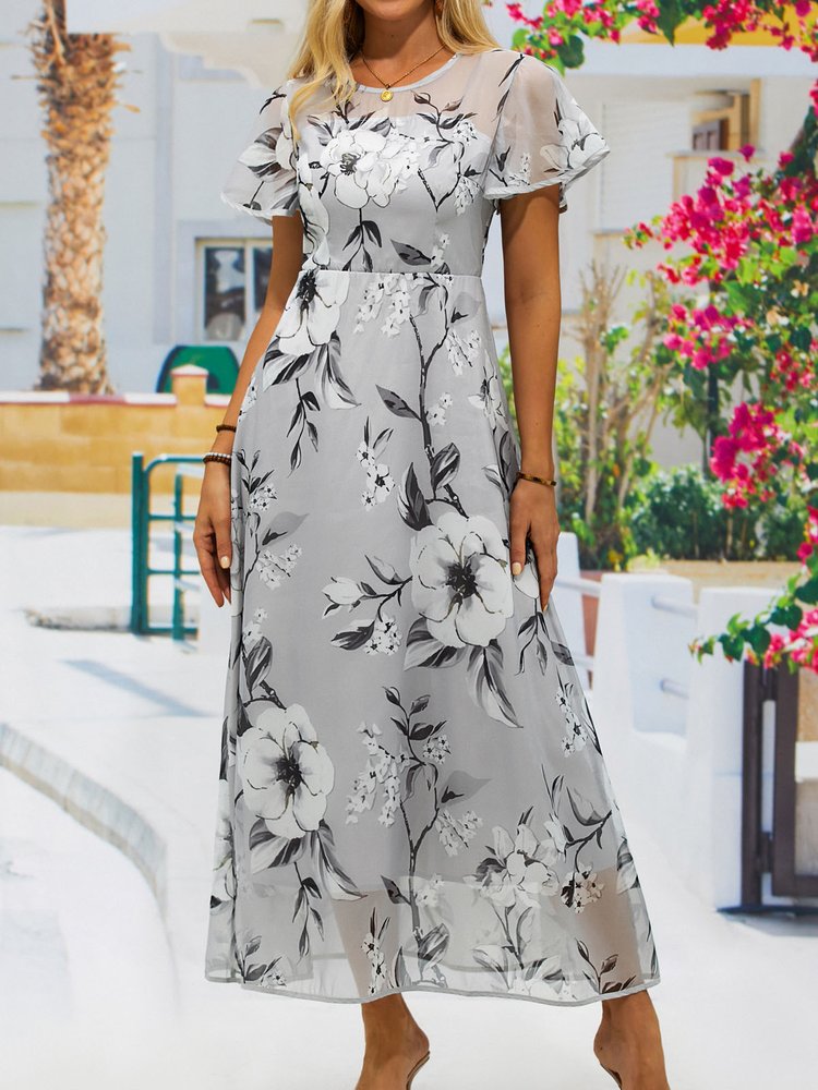 Regular Fit Crew Neck Zipper Vacation Dress QM100