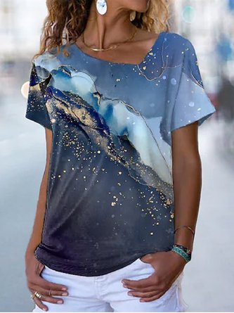 Women's Tee Print Galaxy Graphic Asymmetrical Neck Casual Daily Print Short Sleeve Top Tunic T-Shirt QAD40