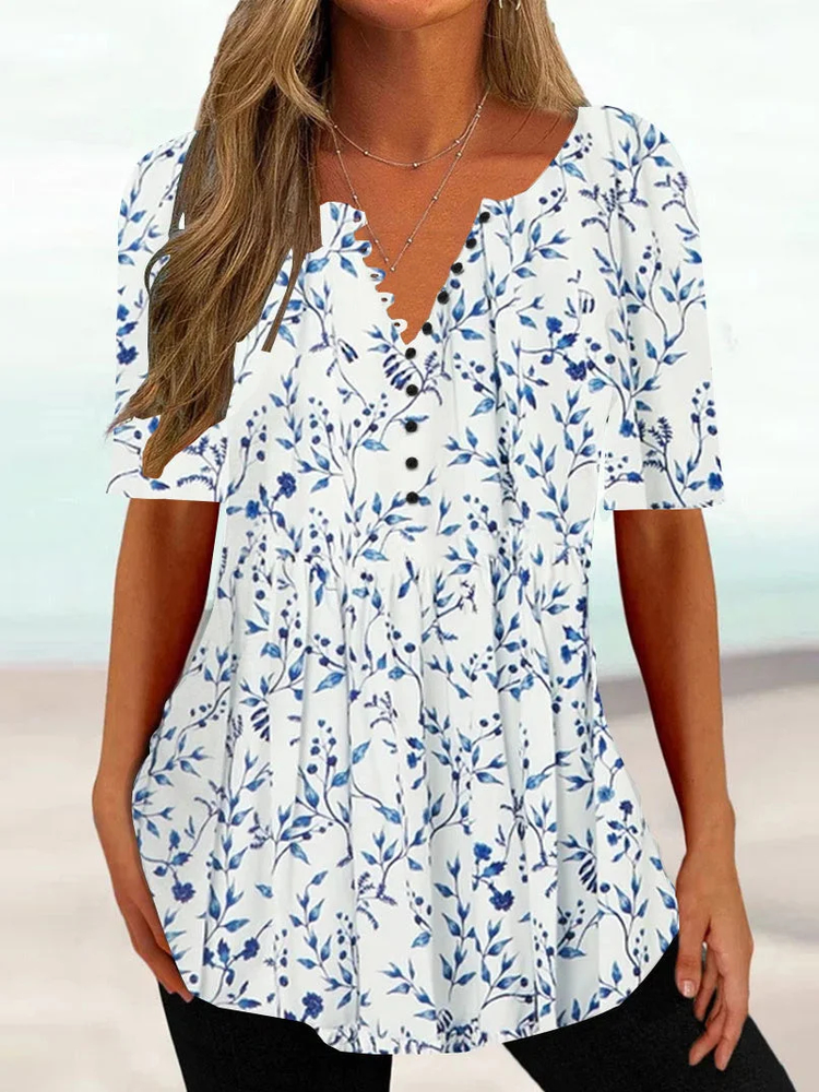 Women's Summer Tunics V Neck Regular Fit Casual Floral Shirt mm247