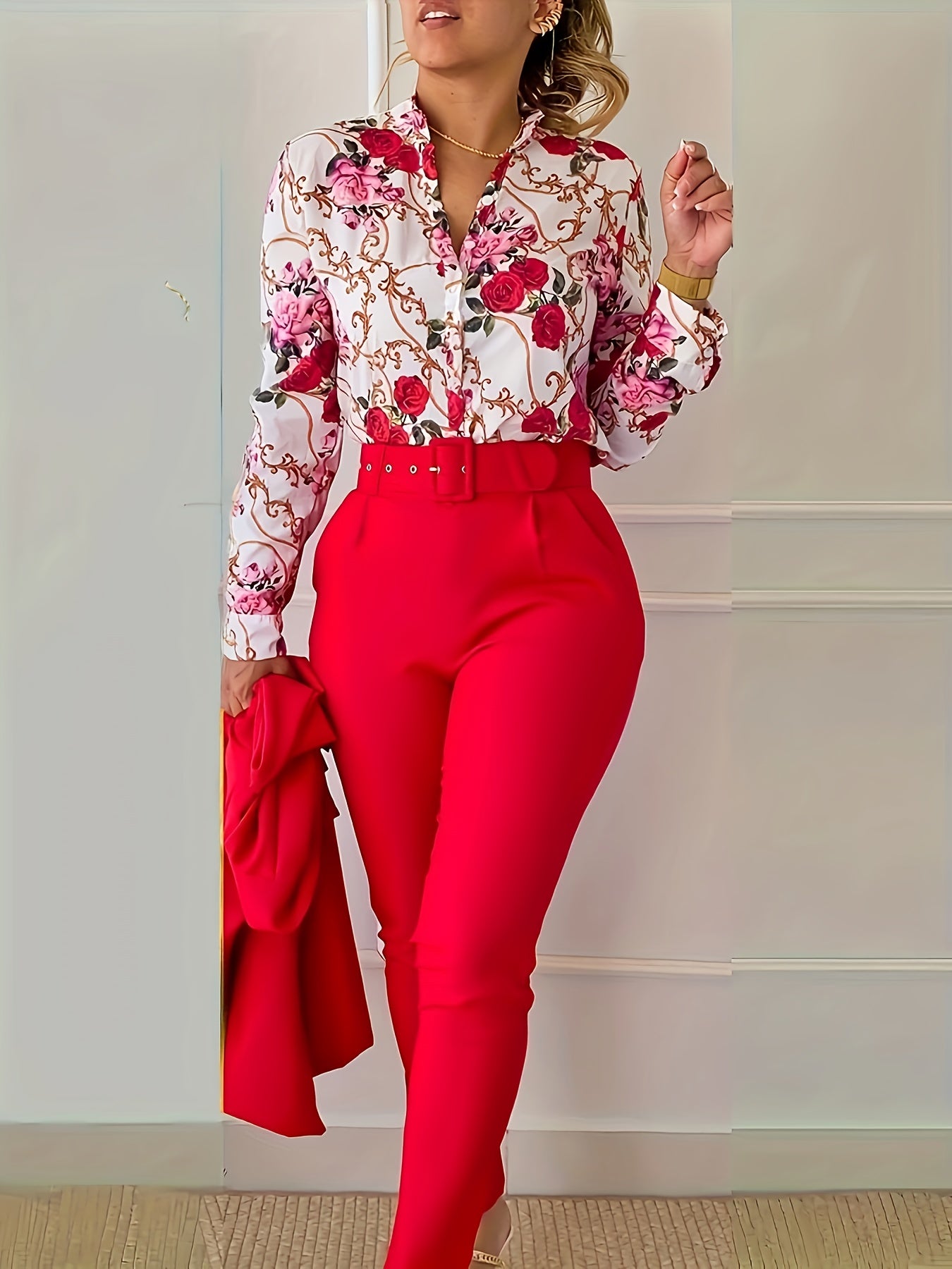Floral Print V Neck Long Sleeve Blouse & Solid Belted Tapered Pants TD0870 Furdela