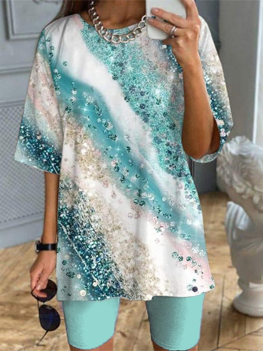Blue Gradient Loose Knit T-Shirt & Pants Two-Piece Set  QF92