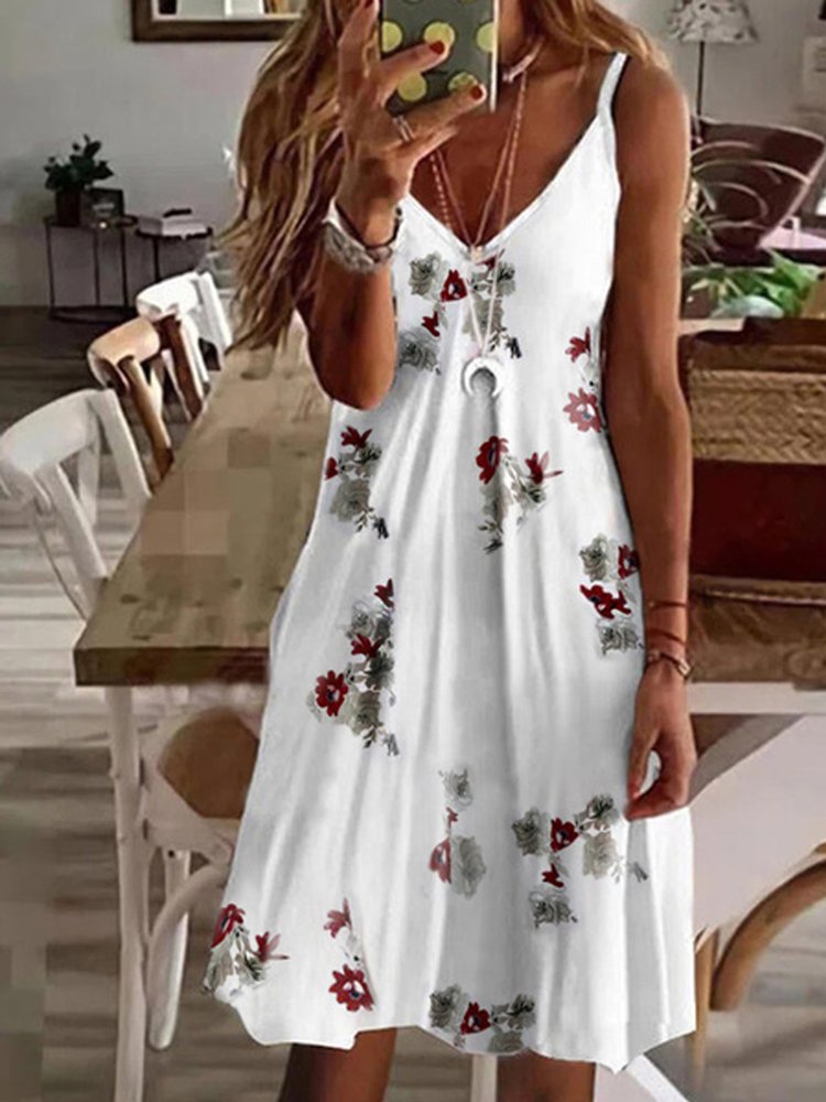 V-neck loose pineapple floral print suspender dress Loosen Knitting Dress QV110