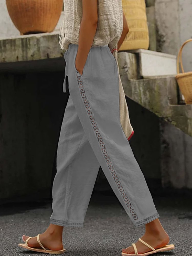 Casual Plain Lace-Up Patchwork lace Cotton Pants WX112