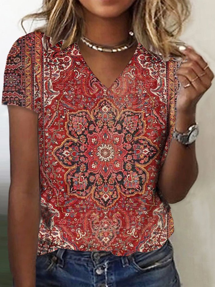 Ethnic Casual V Neck Regular Fit T-Shirt cc198