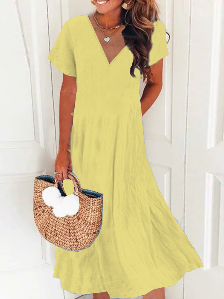New Women Chic Plus Size Vintage Boho Hippie Short Sleeve V Neck Plain Casual Weaving Dress QA59