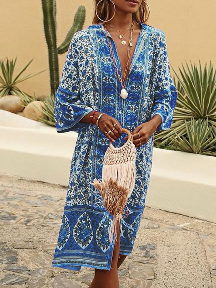 V Neck Women Summer Weaving Dress Shift Floral-Print Floral Weaving Dress WJ87