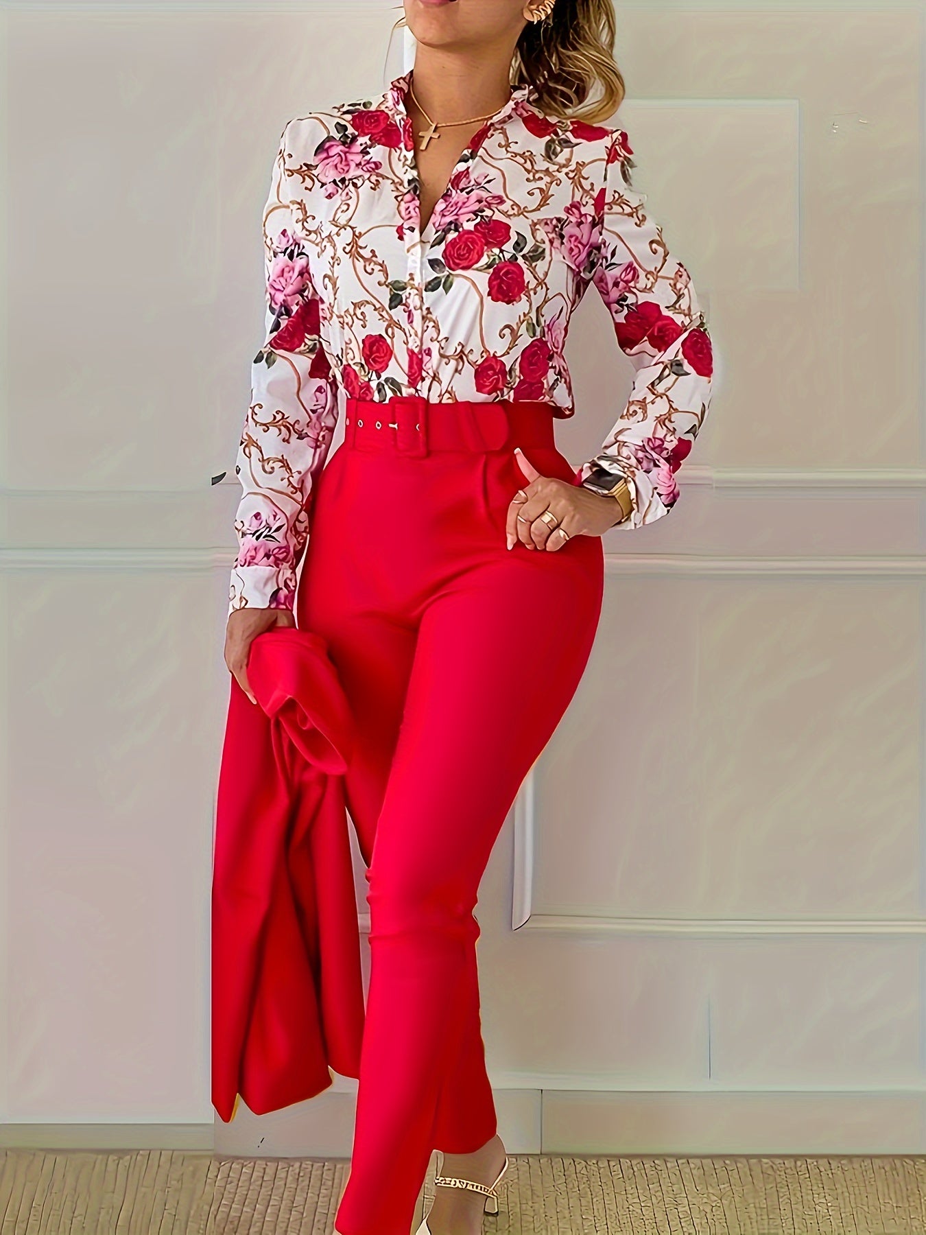 Floral Print V Neck Long Sleeve Blouse & Solid Belted Tapered Pants TD0870 Furdela