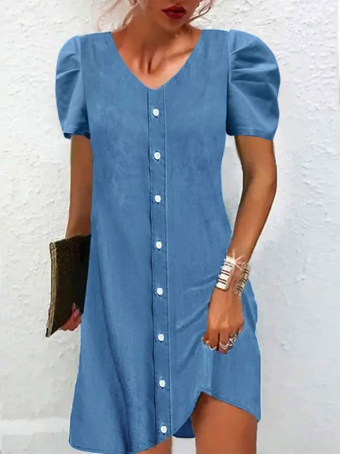 V-neck Casual Loose Denim Single-breasted Short-sleeved Short Dress WL35