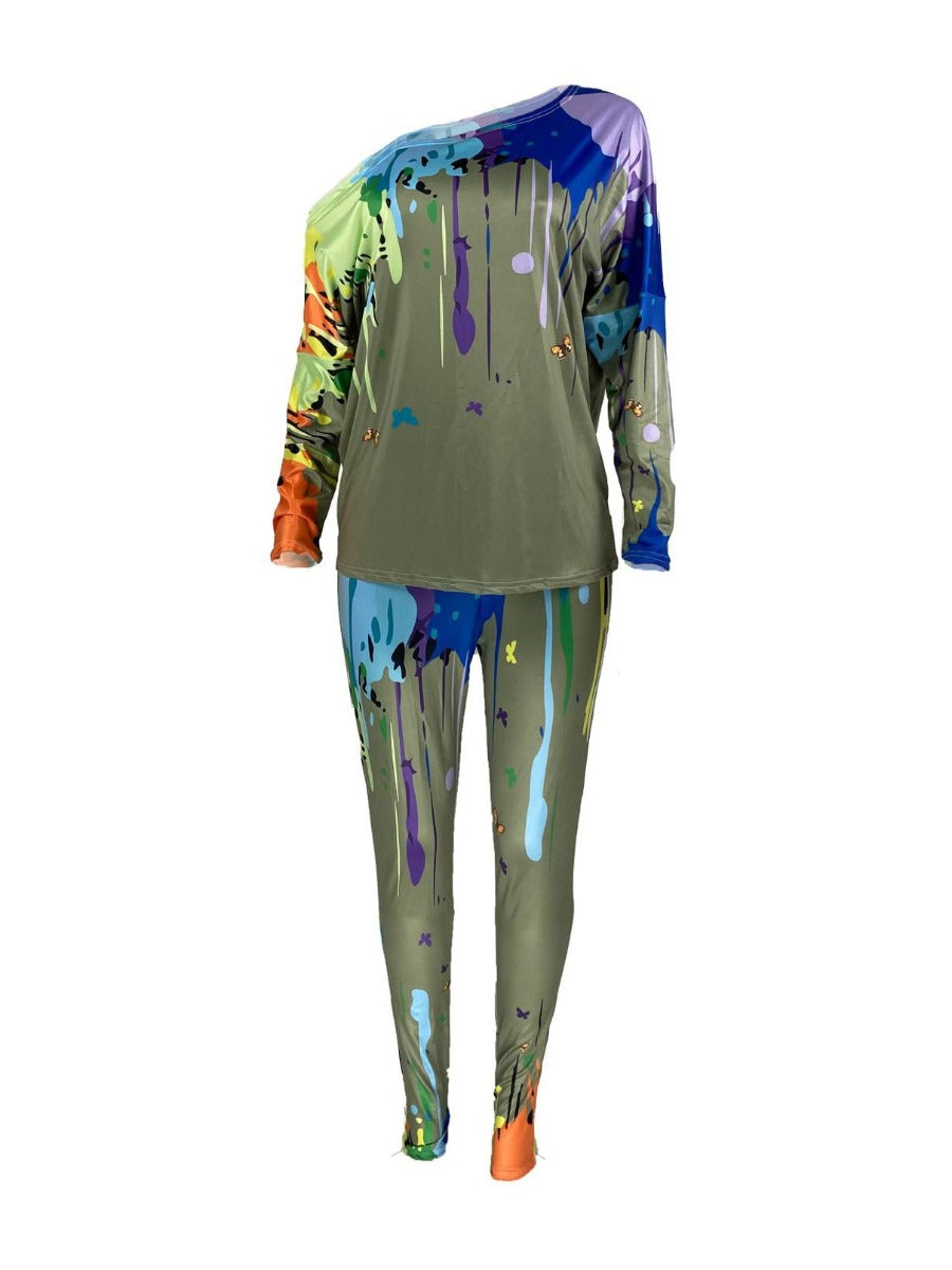 Plus Size Inclined Neck Splash Ink Pants Set AT908