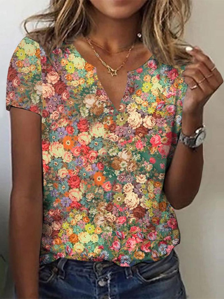 Casual Floral Loose Notched T-Shirt cc195