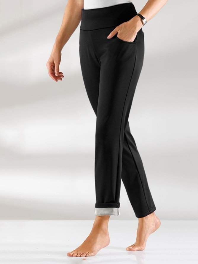 Women Fleece Warm Elastic Waist Casual Basic Black Pants WK89