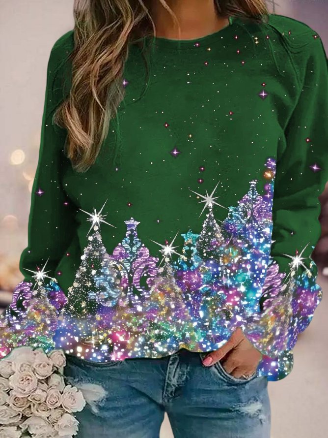 Women's Black Sweatshirt Colorful Christmas Tree Printed PJ18