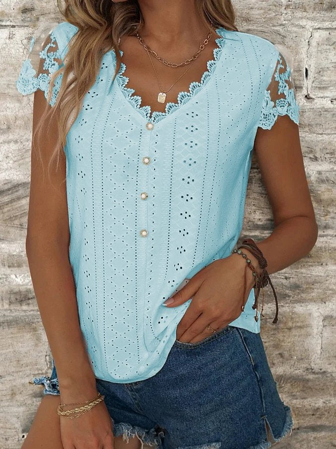 Women's Eyelet Tops Plain Hollow Out Tops Casual V Neck Linen Lace Breathable T-Shirt Buttoned White Casual T-Shirt cc202