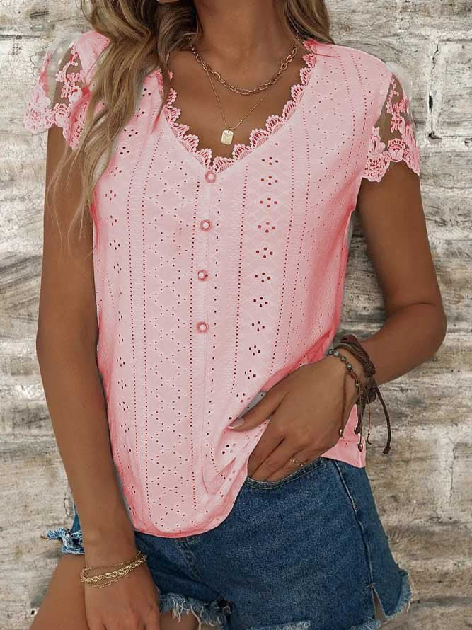 Women's Eyelet Tops Plain Hollow Out Tops Casual V Neck Linen Lace Breathable T-Shirt Buttoned White Casual T-Shirt cc202