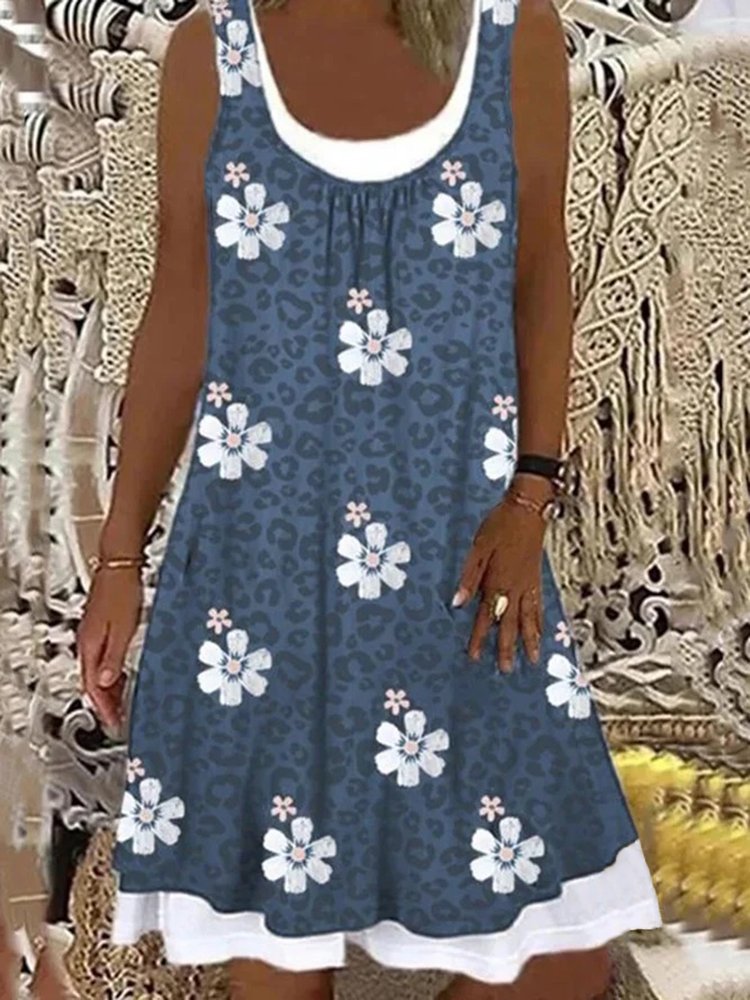 Floral Casual Patchwork Loosen Sleeveless A-line Dress QD51
