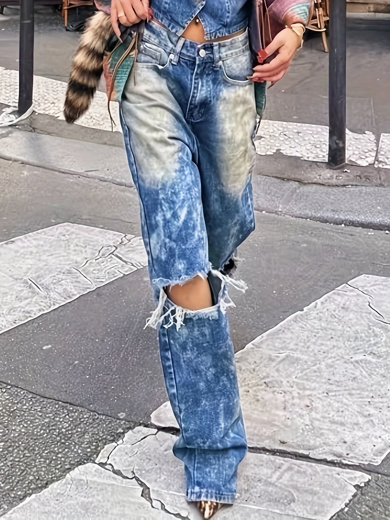 High Waist Slant Pockets Distressed Chic Denim Pants YH1789 Furdela