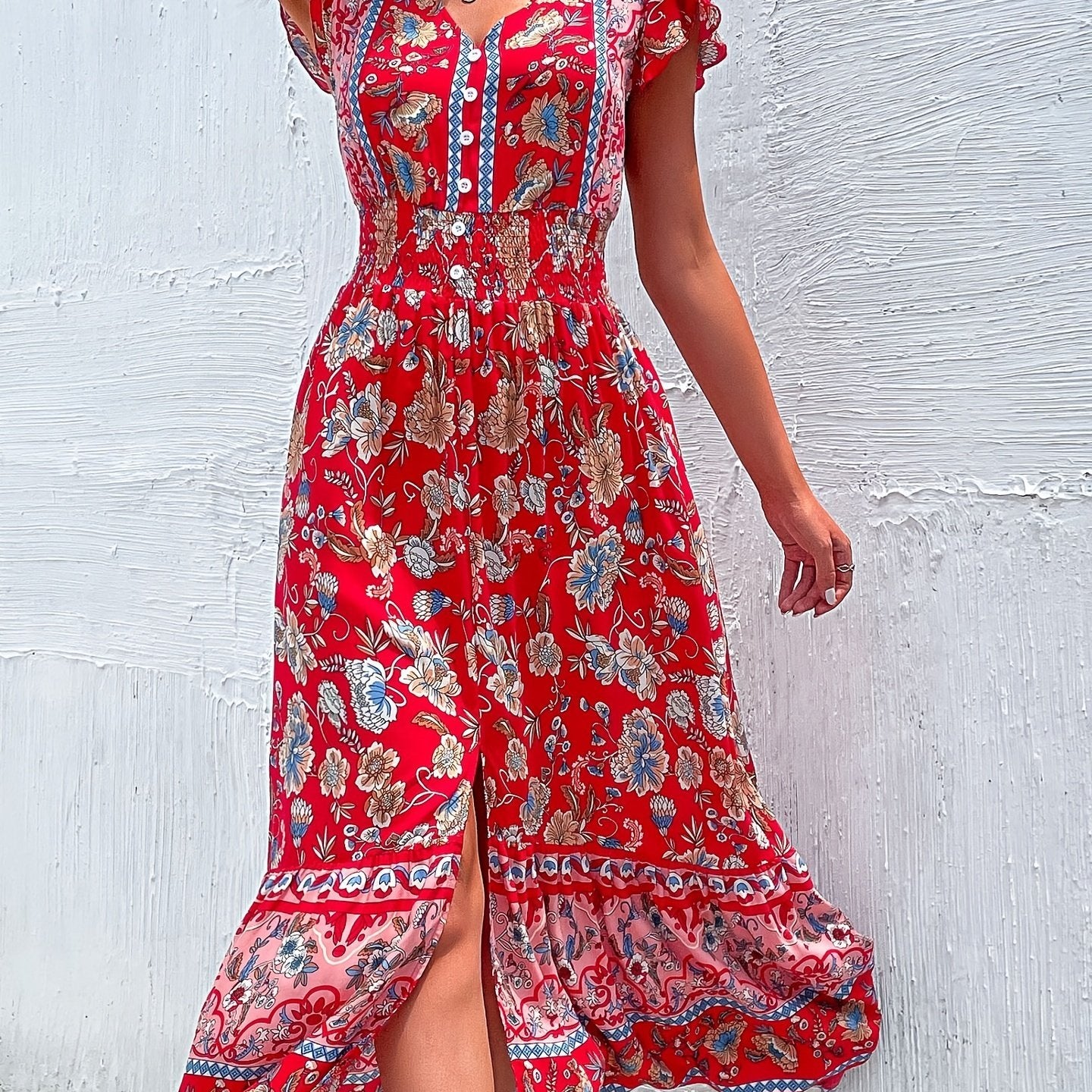 Tribal Floral Print Dress, Bohemian Flutter Sleeve Split Hem Ruched Maxi Dress, Women's Clothing AZ10012