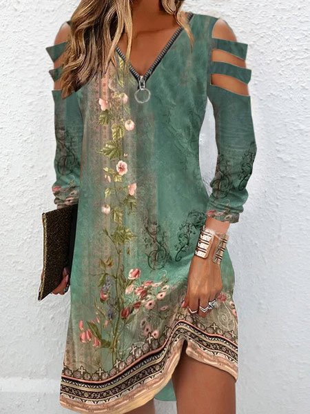 Zipper V Neck Casual Knitted Floral Dress QD47