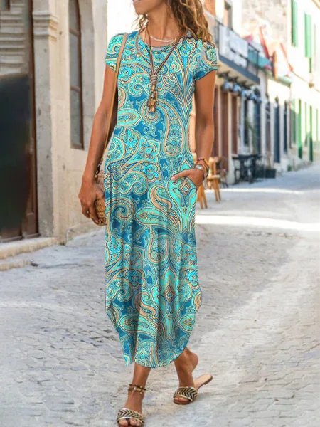Cotton-Blend Paisley Vintage Dress QX62