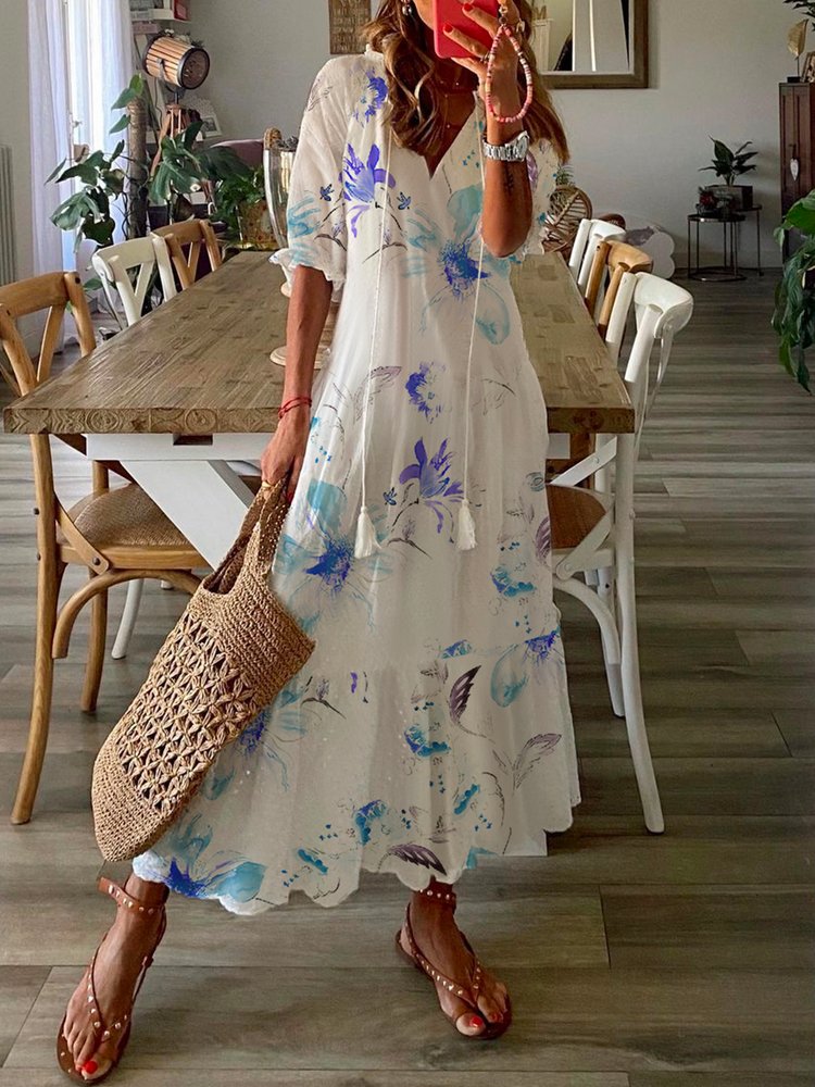 Women's Shift Dress Maxi Dress half Sleeve Floral Print Summer Fall V Neck Casual Dress QPQ63