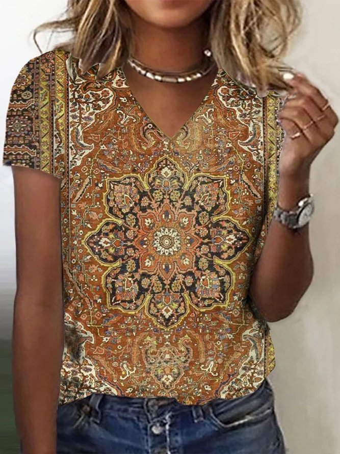 Ethnic Casual V Neck Regular Fit T-Shirt cc198