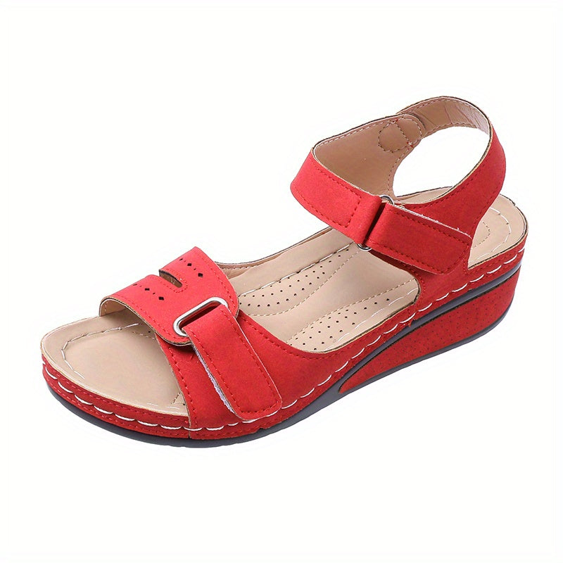 Women's Solid Wedge Sandals, Hokk & Loop Straps Open Toe Anti-skid Shoes, Arch Support Sandals SE1036