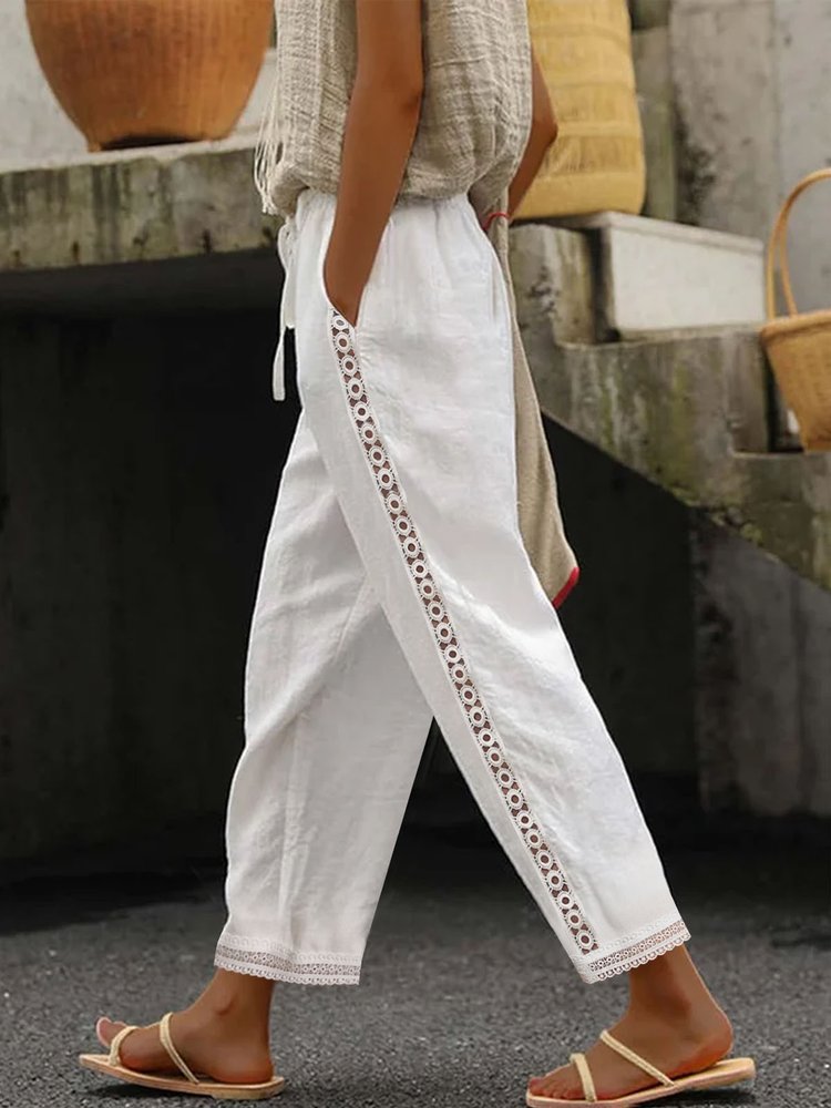 Casual Plain Lace-Up Patchwork lace Cotton Pants WX112