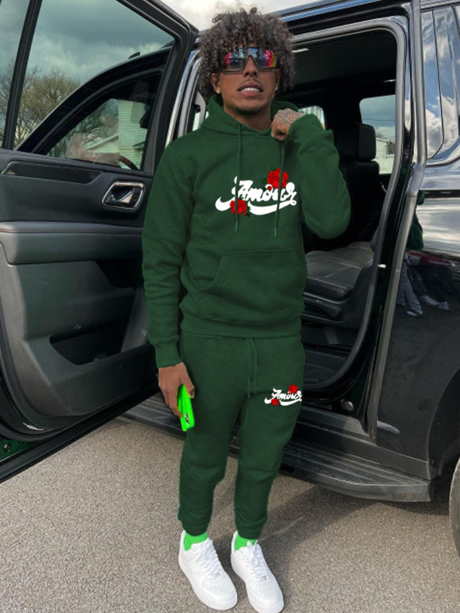 Men Rose Flower Letter Print Kangaroo Pocket Tracksuit Set AR50102