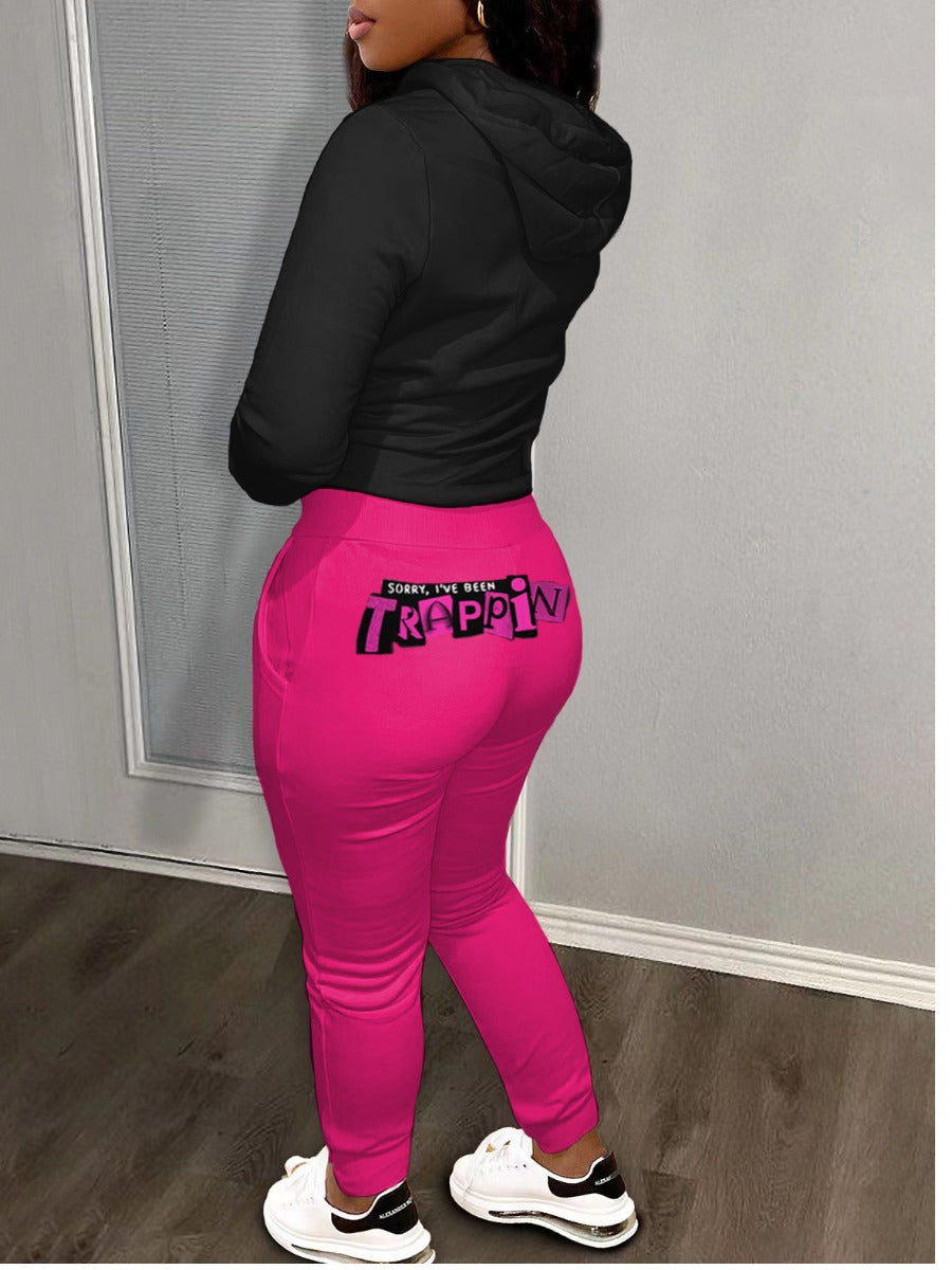 Figure Money Letter Print Kangaroo Pocket Tracksuit Set AR3041