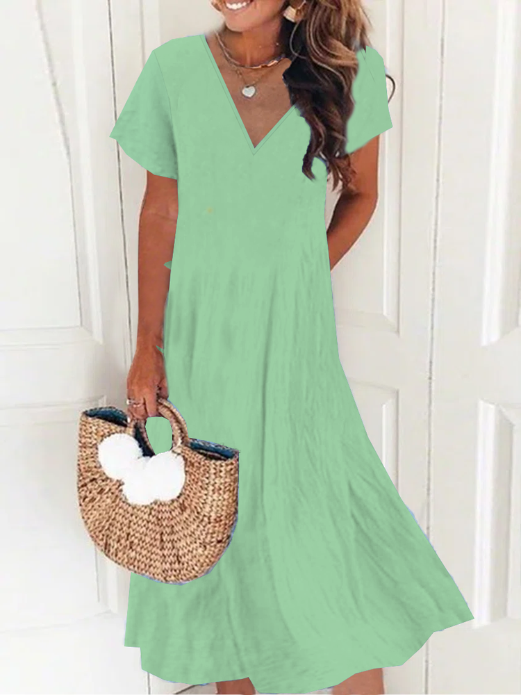 New Women Chic Plus Size Vintage Boho Hippie Short Sleeve V Neck Plain Casual Weaving Dress QA59