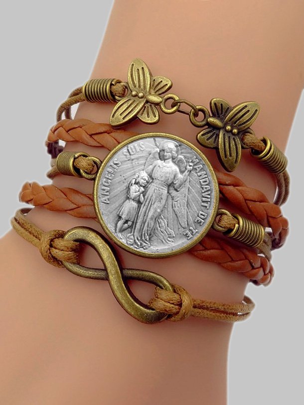 Vintage Angel Pattern Transparent Crystal Leather Multilayer Bracelet Everyday Casual Western Style Jewelry cc1