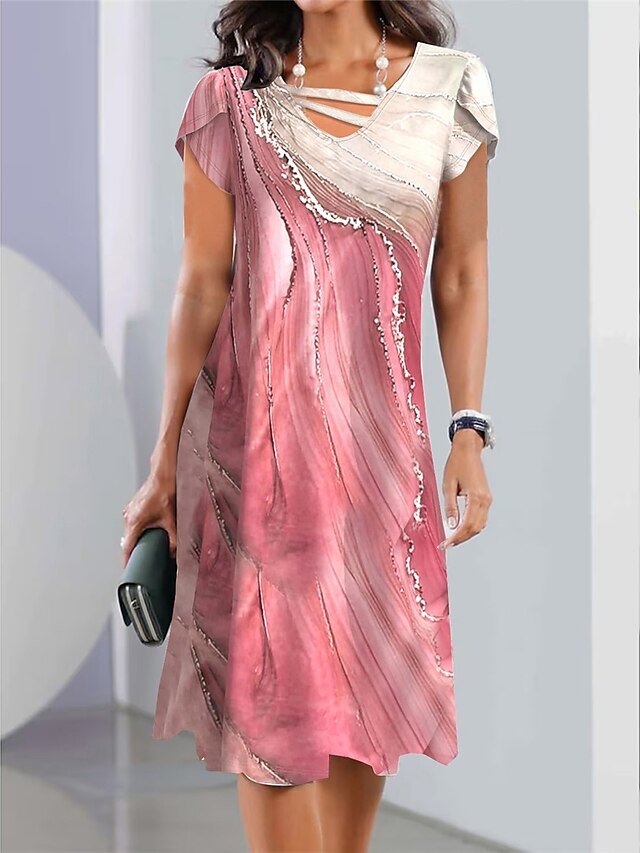 V Neck Casual Gradient Pattern Dress QR112