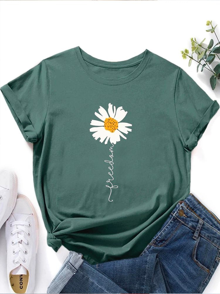 Crew Neck Floral Vacation Loose Floral & Letter Graphic T-Shirt cc180
