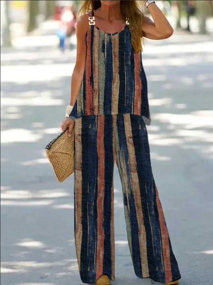 Striped Sleeveless Spaghetti Casual Grommets Two-Piece Set QF107