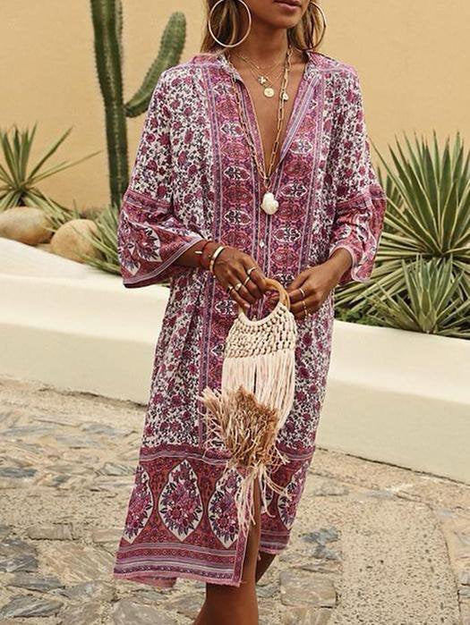 V Neck Women Summer Weaving Dress Shift Floral-Print Floral Weaving Dress WJ87