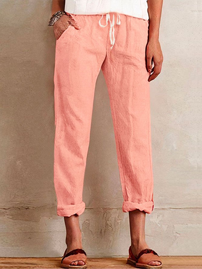 Plain Cotton Casual Solid Roll Hem Drawstring Crop Pants WX67