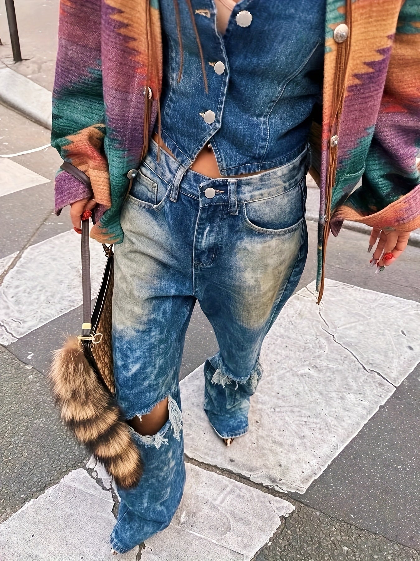 High Waist Slant Pockets Distressed Chic Denim Pants YH1789 Furdela