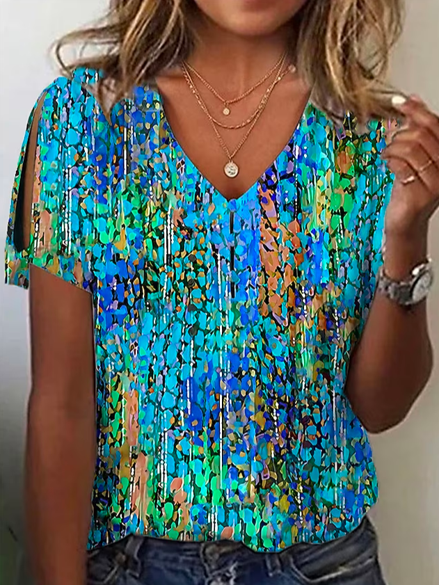 Cotton V Neck Casual Geometric T-Shirt QH69