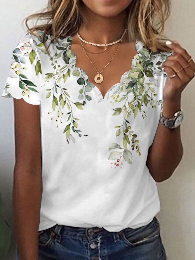 V Neck Loose Floral Casual T-Shirt QR96