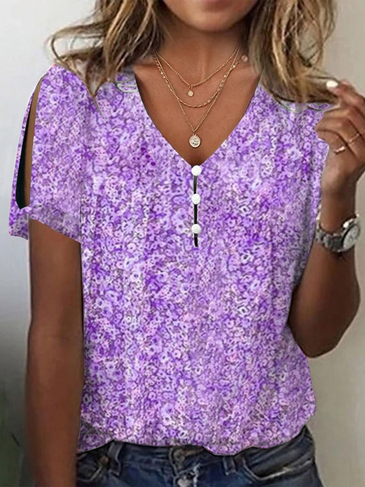 V Neck Floral Buttoned Elegant T-Shirt cc170