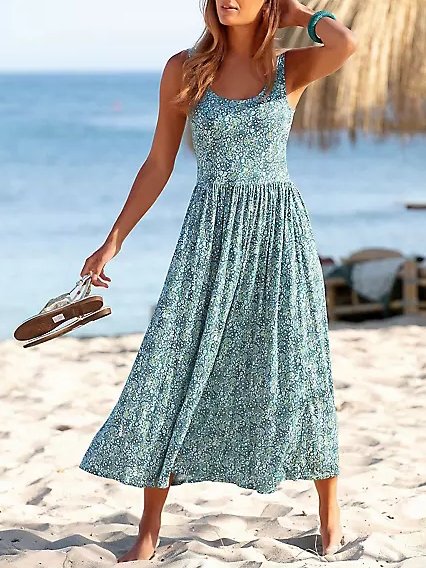 Ditsy Floral Print Elegant Vacation Beach Sleeveless Midi Dress QPQ66
