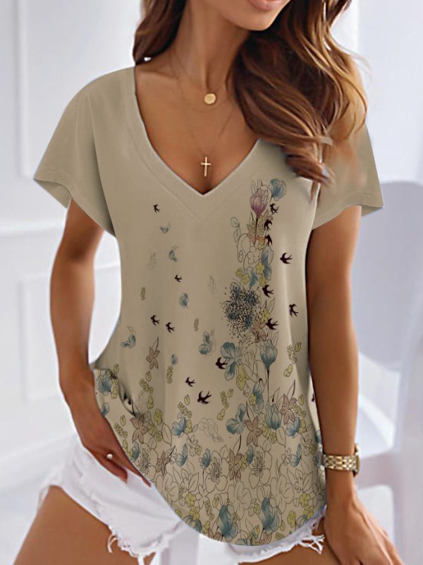 Summer Floral V Neck Casual T-Shirt CC51
