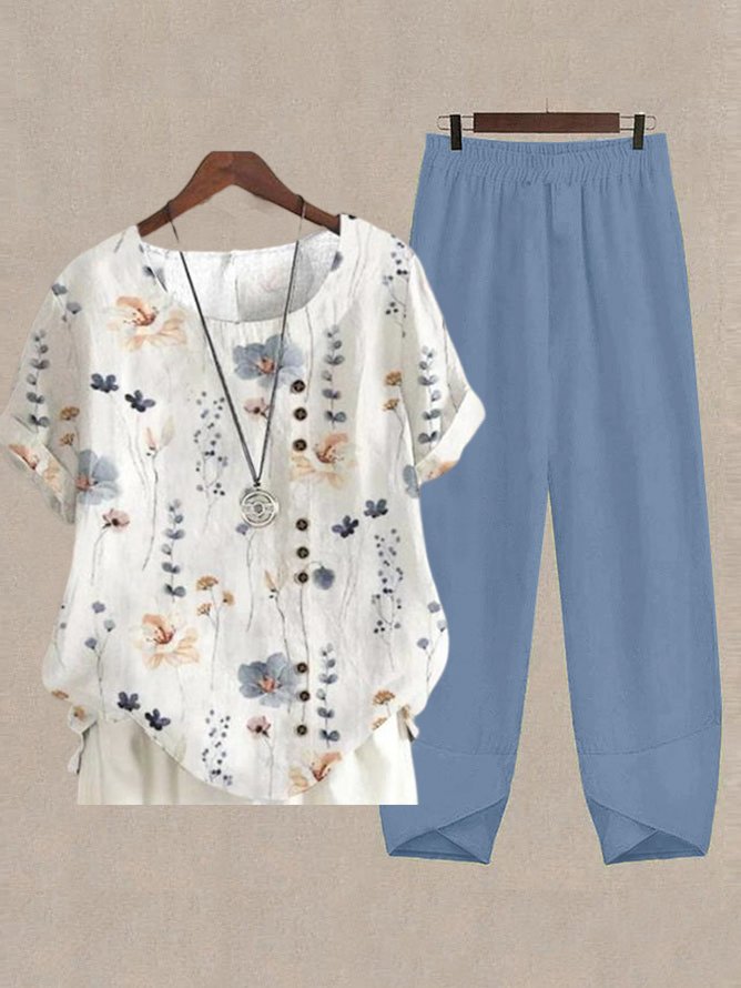 Country Floral Casual Cotton Top & Cotton Pants Two-Piece Set QF91