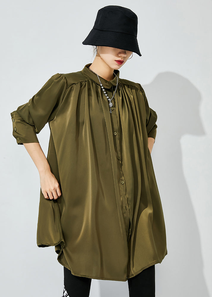 Army Green Draping Silk Shirt Top Oversized Wrinkled Spring LY0831