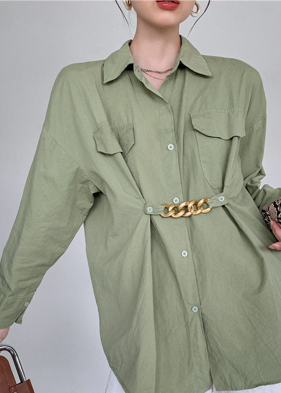 Art Army Green Wrinkled Patchwork Cotton Shirt Tops Spring LY0781