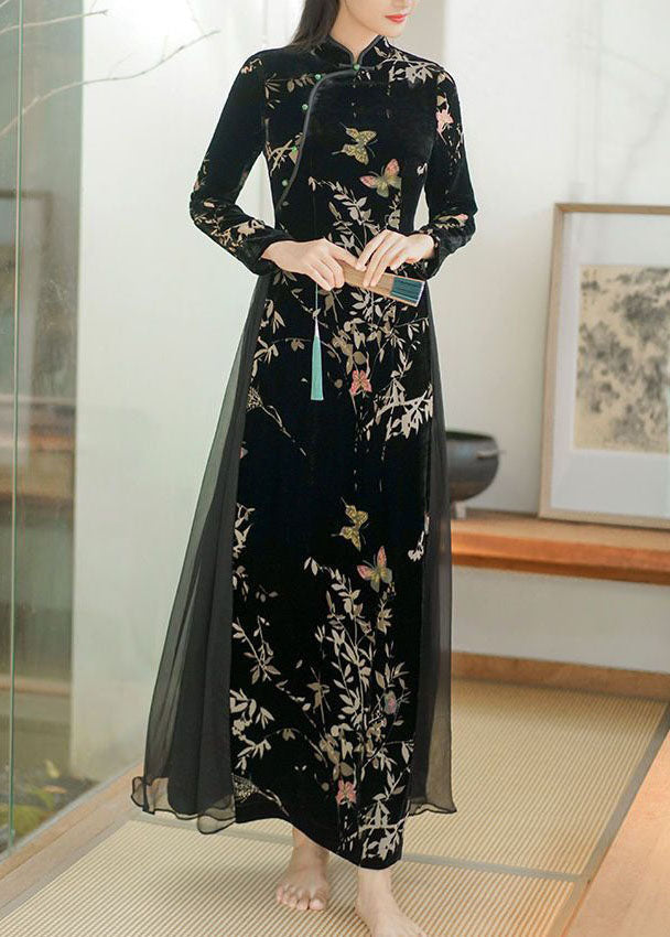 Art Black Embroideried Side Open Silk Velour Ankle Dress Spring LC0293