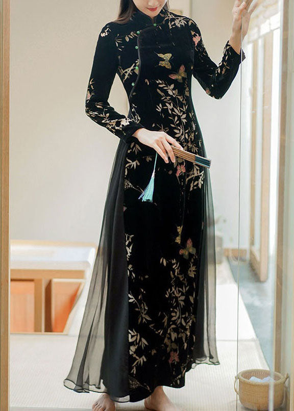 Art Black Embroideried Side Open Silk Velour Ankle Dress Spring LC0293