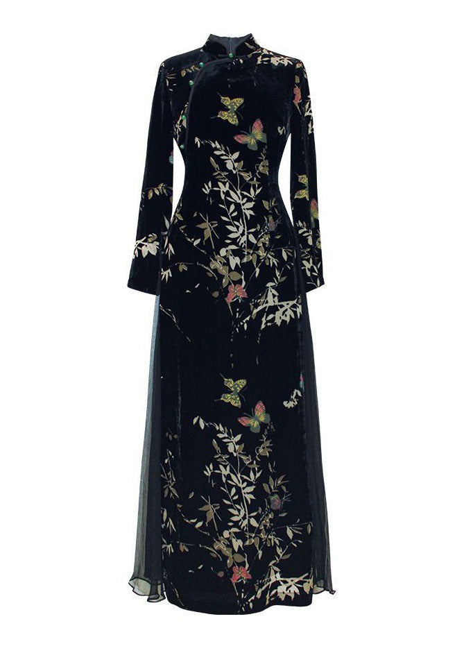 Art Black Embroideried Side Open Silk Velour Ankle Dress Spring LY1668