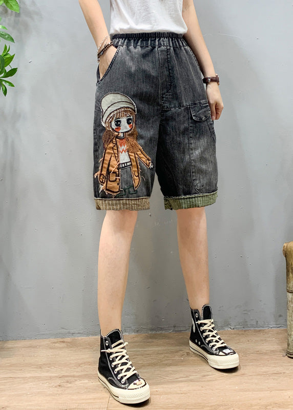 Art Black Grey Elastic Waist Cartoon Girl Denim Shorts Summer LY1274